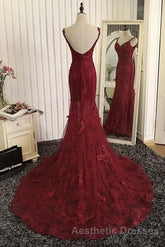 Burgundy Trumpet Sweep Train V Neck Mid Back Appliques Beading Long Evening Prom Dresses